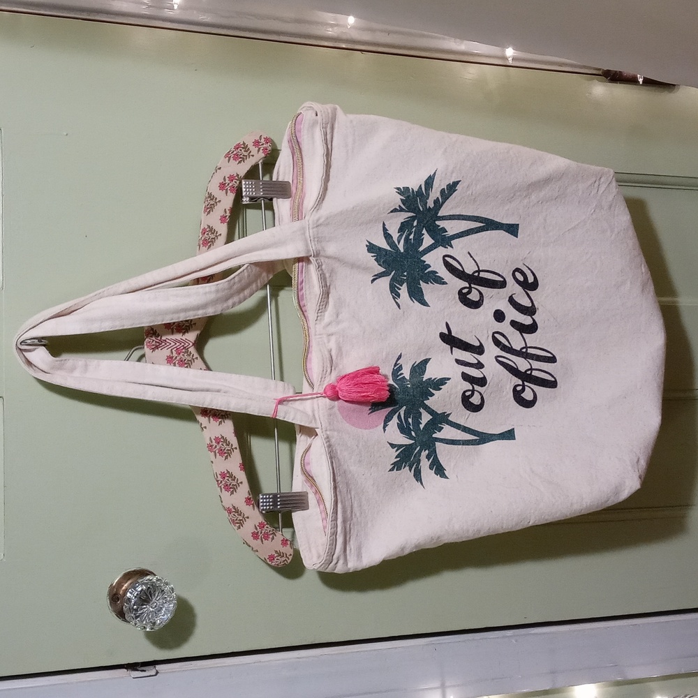 Women's Out of Office canvas zip closure tote cream pink tassel 🌴 palm tree